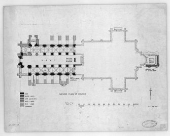 Photographic copy of drawing showing ground plan of Dunfermline Abbey, New Abbey Parish Kirk showing building periods. Pen and ink. Scale 1":13"
