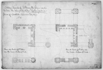 Kelso Abbey.
Photographic copy of first and second floor plans of the tower.
Titled: 'Abbey Church of S. Mary the Virgin and S. John the Evangelist. Kelso Roxburghshire.  No.1182'