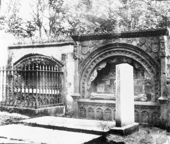 Aberdeen, St. Machar's Cathedral.
Copy of historic photograph showing view of Bishop Dunbar's tomb with unidentified effigy.