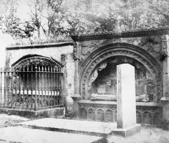 Aberdeen, St. Machar's Cathedral. 
Copy of historic photograph showing view of Bishop Dunbar's tomb with unidentified effigy.
