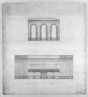 Photographic copy of section through telling room with measurements, pen and wash,
u.s.  u.d.