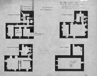 Photograhic copy of ground, first, second and top floor plans inscribed: 'Lord Reays Caithness Seat.  Used by Soldiers of Cromwell, occupied down to 1863, Now beginning to fall into ruins.'