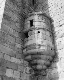 View of hanging turret overlooking Earl Bothwell's main outer doorway, Crichton Castle.