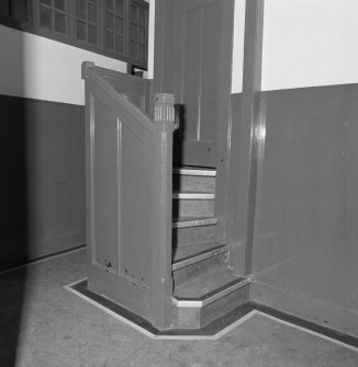 Church halls, first floor, upper hall, stage access stair, detail