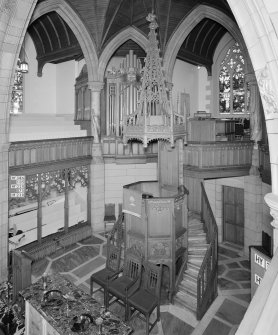 Alloa, Bedford Place, Alloa West Church, interior detail view of pulpit from gallery.