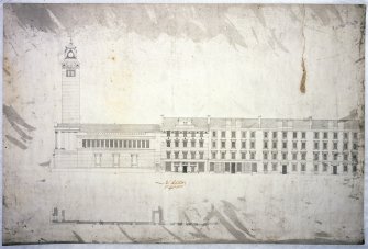 Elevation drawing, as built, with the adjacent tenements in Hospital Street: a contract drawing signed by the client for Thomson’s tenement block, James Robertson, 7 September 1876.