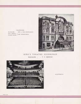 Howard and Wyndham Jubilee album. Page 6 with drawing of exterior and photograph of auditorium from the stage.