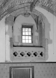 Interior view of Towie Barclay Castle showing Piper’s Gallery in Great Hall.