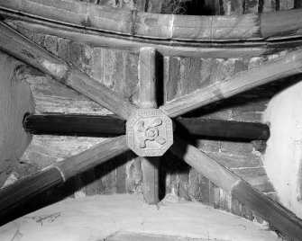 Interior view of Towie Barclay Castle showing detail of rib-vault and carved boss in Piper’s Gallery in Great Hall.