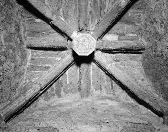 Interior view of Towie Barclay Castle showing detail of groined vault in entrance lobby.