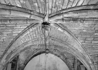 Interior view of Towie Barclay Castle showing detail of rib-vaulting on ceiling in Great Hall.