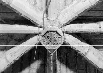 Interior view of Towie Barclay Castle showing detail of carved boss in Great Hall.