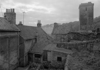 View of rear of numbers 7 and 8 Panha', Dysart, and remains of a house in Saut Girnel Wynd and St Serf's Tower.