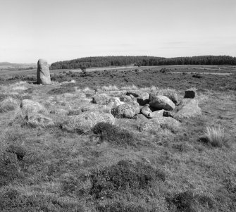 View of cairn and standing stone at Fowlis Wester.
 
