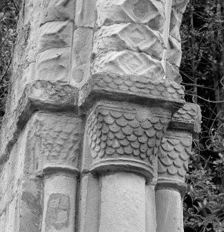 Detail of the carved capitals of the chancel arch of the medieval church at Tyninghame.
 
