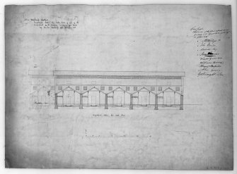 Edinburgh, Ponton Street Slaughterhouses.
Longitudinal section of cattlesheds, signed by A. Wemyss, John Sherman, Alexander Hay, James Govans, Walter Govan, Willie Durnie, Hume and Melville, John Gurney and George King and Son.