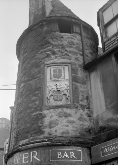 View of armorial panel on E tower of Wallace Tower (Benholm's Tower), Netherkirkgate, Aberdeen.