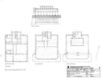 Elevation and plans of ground, first and second floors of Watch Office (old control tower) with Meteorological Section (builiding design no. 5845/39), Leuchars Airfield, technical site.