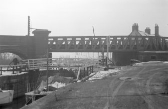 General view of bascule bridge and railway bridge.