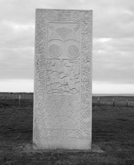 View of modern reconstruction sculpture by Barry Groves, representing face C of the cross-slab found at Hilton of Cadboll. The modern version stands close to the chapel site.
 
