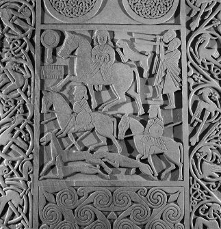 Detail of the hunting scene on the modern reconstruction sculpture by Barry Groves, representing face C of the cross-slab found at Hilton of Cadboll. The modern version stands close to the chapel site.
 

