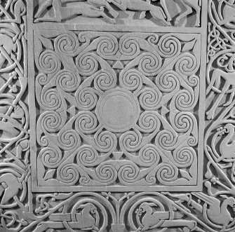 Detail of the spirals panel on the modern reconstruction sculpture by Barry Groves, representing face C of the cross-slab found at Hilton of Cadboll. The modern version stands close to the chapel site.
 
