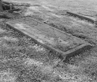View of graveslab in churchyard at Kinneil old parish church, Bo'ness.
 
