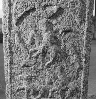 Detail of face C of the Pictish cross slab at Elgin Cathedral, showing horseman with falcon.