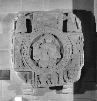View of cross-slab fragment carved with the Virgin and Child at Brechin Cathedral.