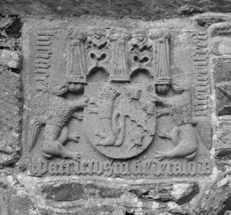 View of carved panel from arched tomb recess, from Minnigaff Old Parish Church.