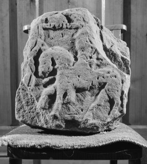 View of face A of Forteviot no. 4, a fragment from the top of a cross-shaft, with a horseman.