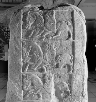 Detail of carving on upper part of face C of St Madoes cross slab in Perth Museum.