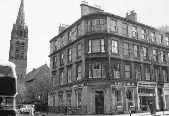 View of No.51 South Clerk Street also looking up Lutton Place towards St Peter's Church.