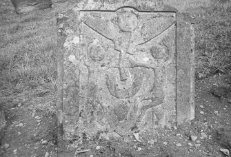 Forteviot Parish Churchyard.
General view of tombstone with winged soul and trumpet, two souls, skull and hourglass.