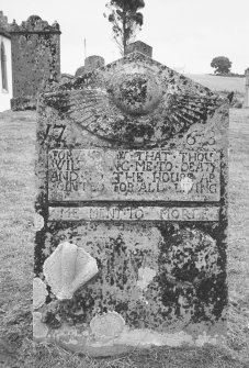 General view of gravestone, with winged soul. Insc: '1763. For We Know That Thou Wilt Bring Me To Death And To The House Appinted For All Living. Memento Morie'.