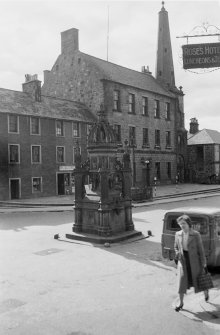 View of Town House and Tolbooth Steeple and Biggar Fountain in foreground, Low Street, Banff, from NW.