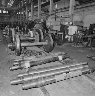 Glasgow, Springburn, St Rollox Locomotive Works, interior.
General view in wheelwrights department showing axles and wheels.