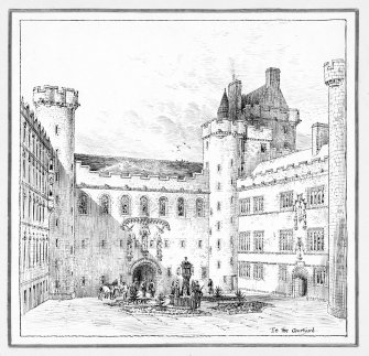 Barnbougle Castle.
Photographic copy of proposed mansion house at Dalmeny, perspective view of courtyard. In the style of Linlithgow Palace.
Brown ink.
