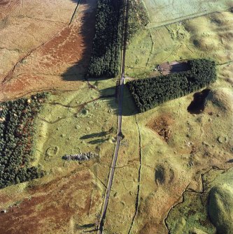 Oblique aerial view centred on the remains of hut circles, small cairns, banks and huts with farmstead, small cairns and rig adjacent, taken from the NW.