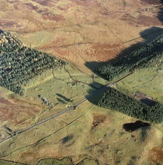 Oblique aerial view centred on the remains of hut circles, small cairns, banks and huts with farmstead, small cairns and rig adjacent, taken from the W.