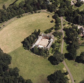 Oblique aerial view centred on the stables, taken from the WSW.