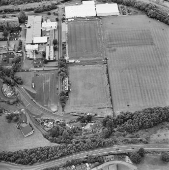 Galashiels, oblique aerial view, taken from the SW, centred on the football and rugby grounds.