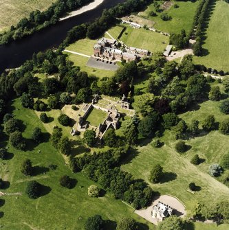 Dryburgh Abbey, oblique aerial view, taken from the SE, centred on the abbey, with Dryburgh House Hotel in the top of the photograph.