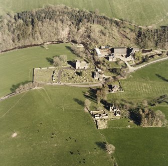 Aerial view of Hobkirk church and burial ground, including the location of previous churches, taken from the WNW.