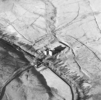 Oblique aerial view of Hermitage Castle centred on the remains of a castle, taken from the SE.