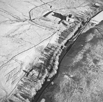 Oblique aerial view of Hermitage Castle centred on the remains of a castle with a chapel, boundary dyke and moated site adjacent, taken from the SW.