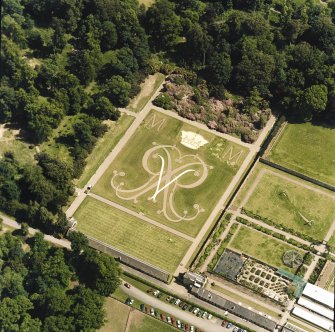 Oblique aerial view centred on the formal garden, taken from the WNW.