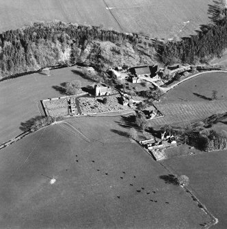 Aerial view of Hobkirk church and burial ground, including the location of previous churches, taken from the W.