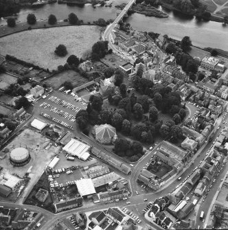 Oblique aerial view showing Kelso Old Parish Church and Kelso Abbey.
