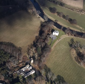 Barns House, oblique aerial view, taken from the SSW.  Barns Tower is visible in the bottom centre of the photograph.